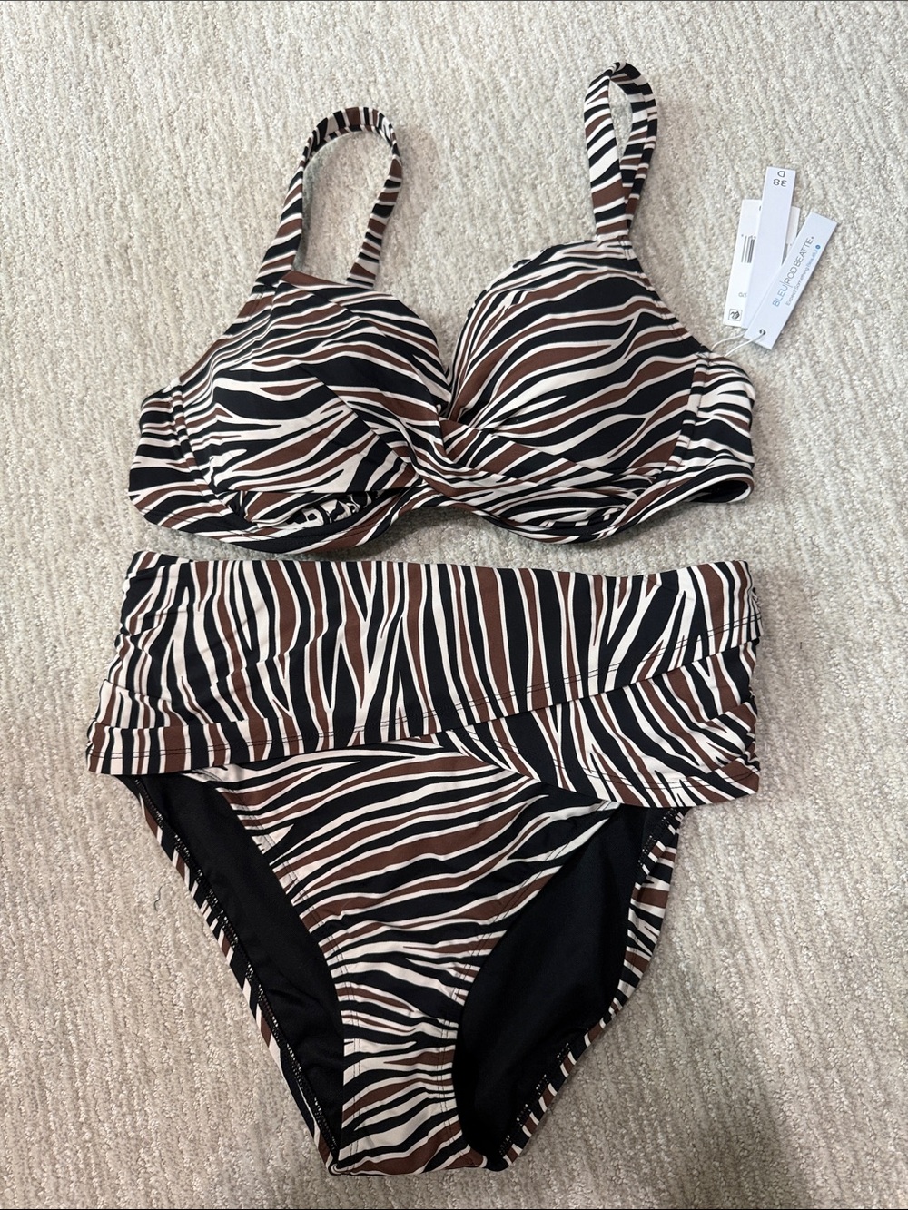 Bleu Rod Bettie 2pc Zebra Underwire Bikini Set - Brown/Black/White 38D 10 NWT